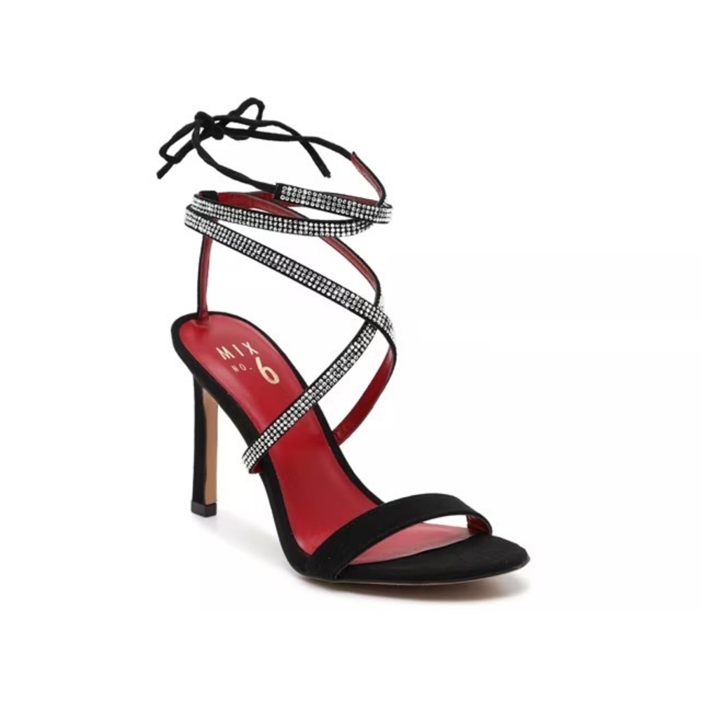 Mix No. 6 Mesha Black Red Rhinestone Lace‎ Up Stiletto Heel Sandals Womens 6M